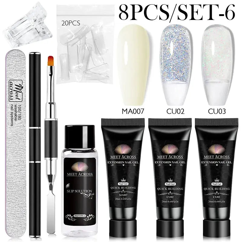 MEET ACROSS extension nail gel set by Simples Market, 8-piece kit with gel tubes, brush, file, and crystal tips