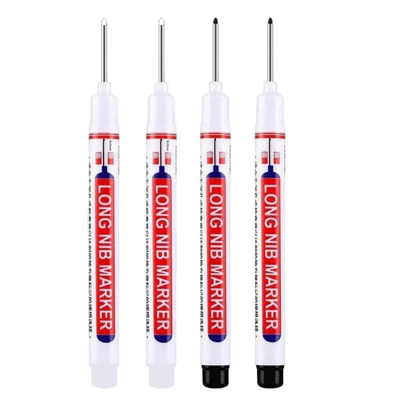Four-piece long-nib marker set with white bodies and metal tips; waterproof multi-purpose markers