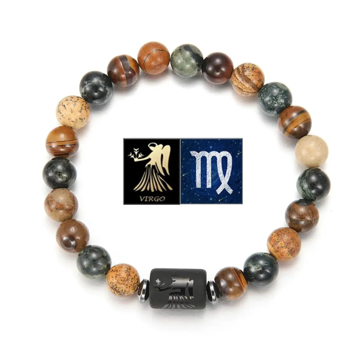 Natural Stone Tiger Eye Picture Jasper Round Beads 12 Constellations Unisex Bracelet