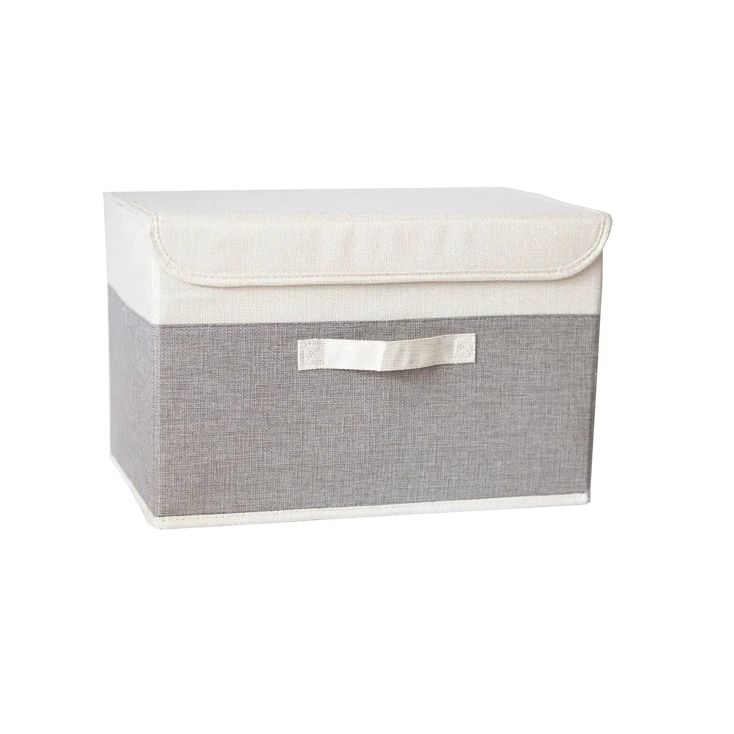 Fabric storage box with lid; washable cotton-linen, two-tone white/gray, bin with front handle