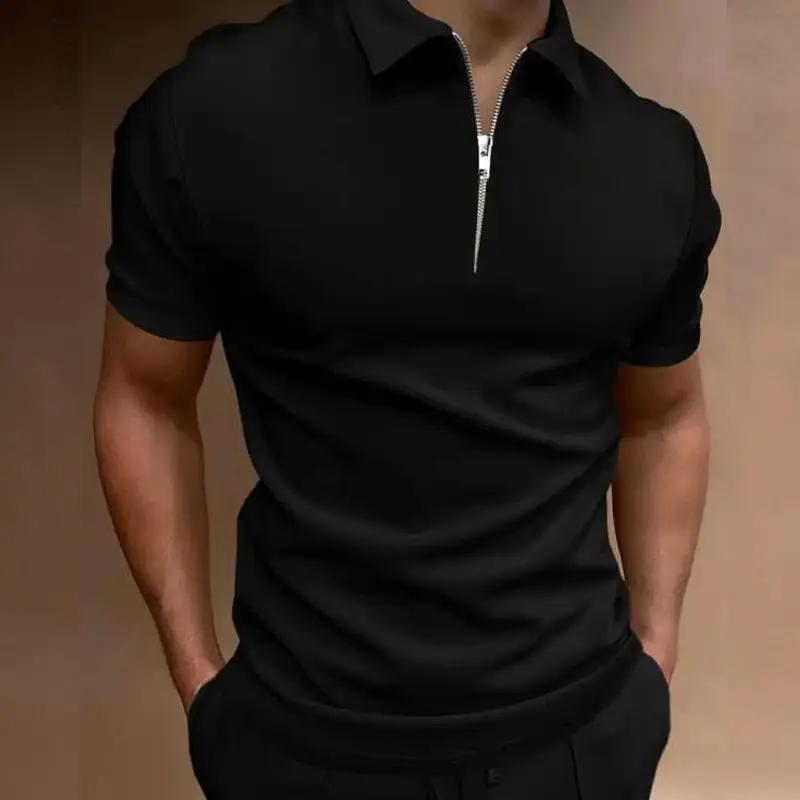 Men's black polo shirt with short sleeves and zip placket