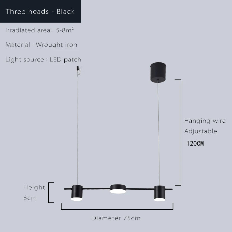 Simples Market three-heads black wrought-iron LED pendant chandelier, 75cm dia, 120cm hanging wire