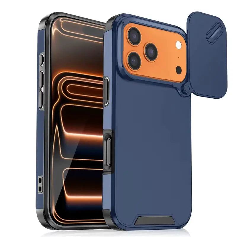 Slide camera protection phone case, blue matte finish with orange camera cutout for iPhone, shockproof by Simples Market