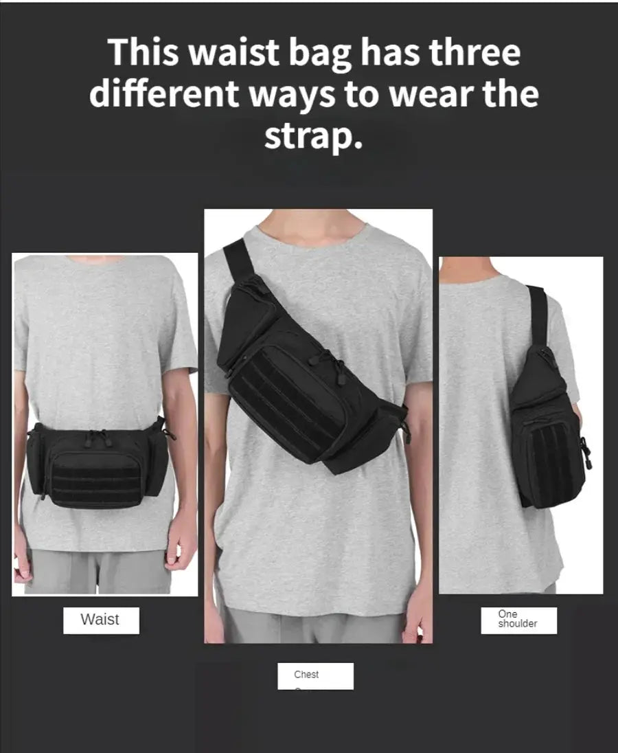 Tactical waist pack by Simples Market, black multifunction bag with adjustable strap worn on waist, across chest, or over shoulder