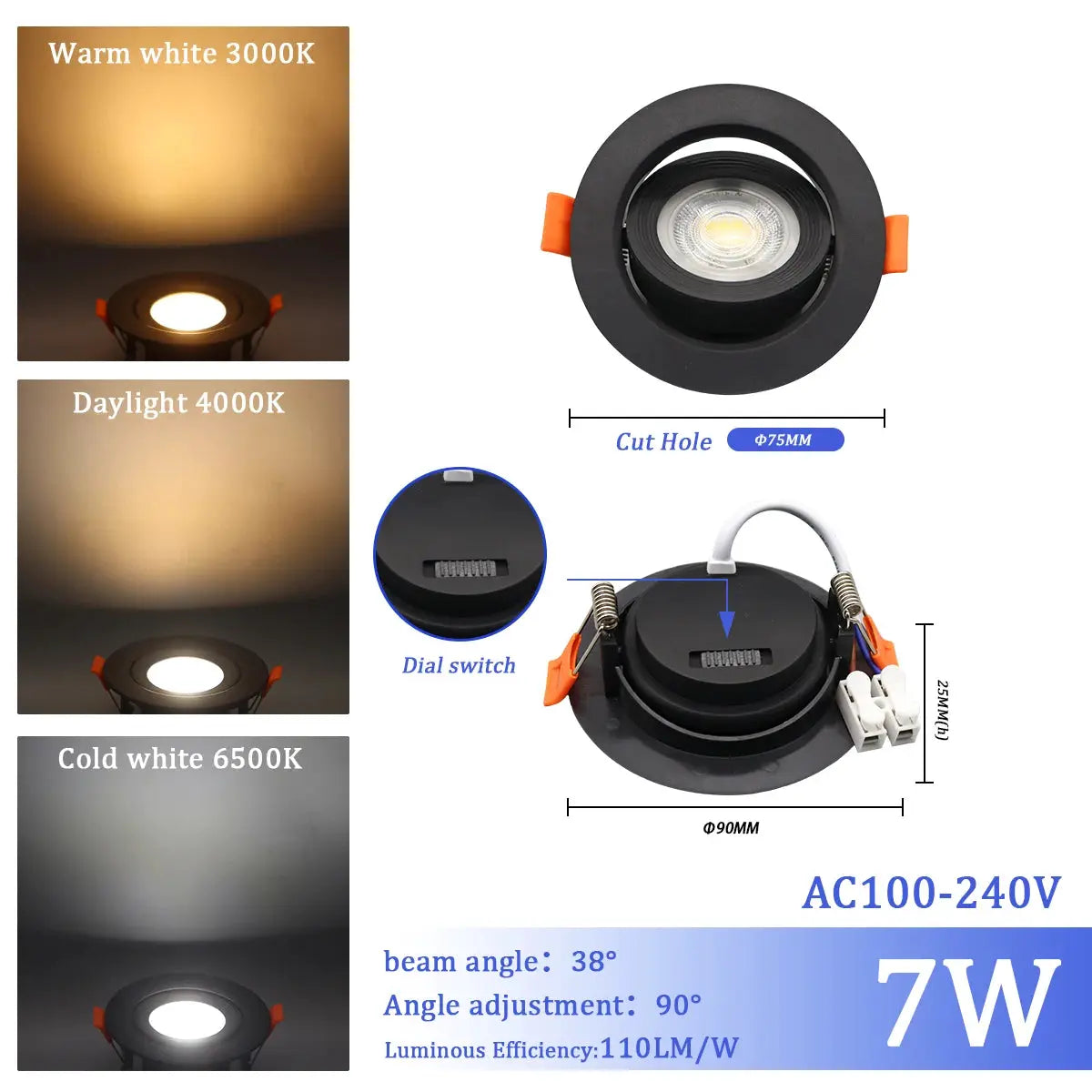 LED ceiling spotlight, 7W, AC100-240V, 3 CCT (3000K/4000K/6000K), 90° adjustable, embedded light