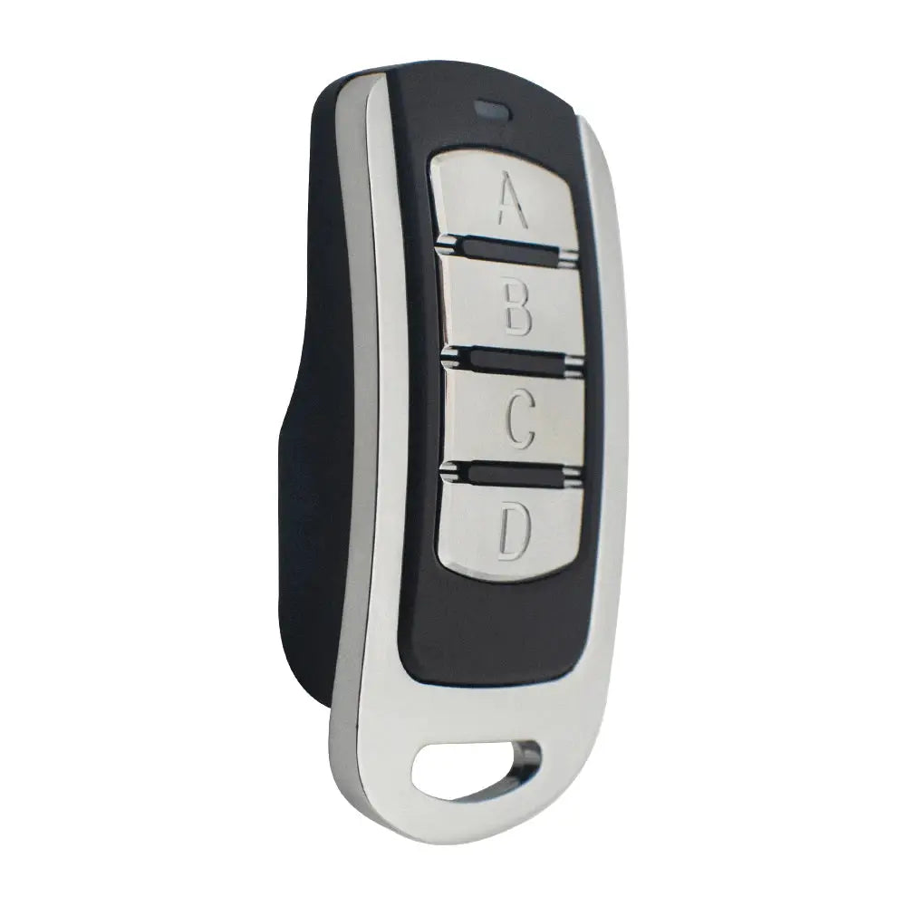 4-button garage remote fob with black body and silver A B C D buttons