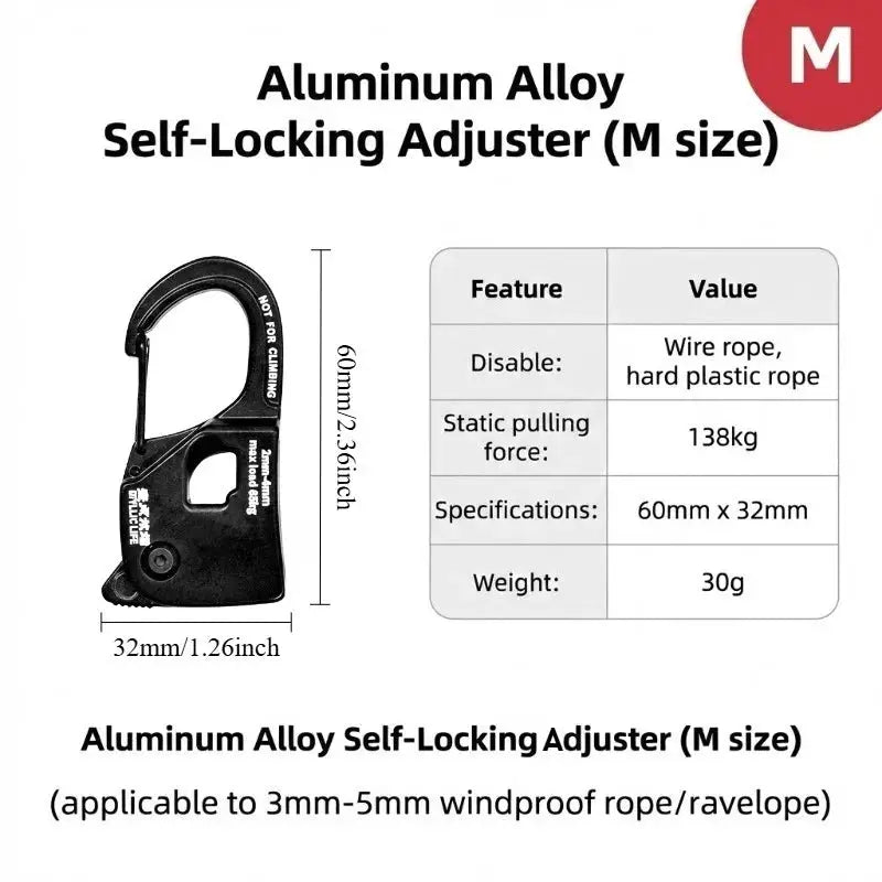 Aluminum alloy self-locking rope adjuster, M size, black, 60mm x 32mm, 30g, Simples Market