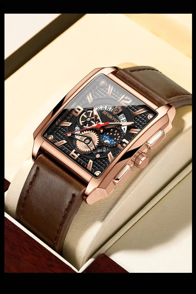 BINBOND men's watch with rose-gold case and brown leather strap