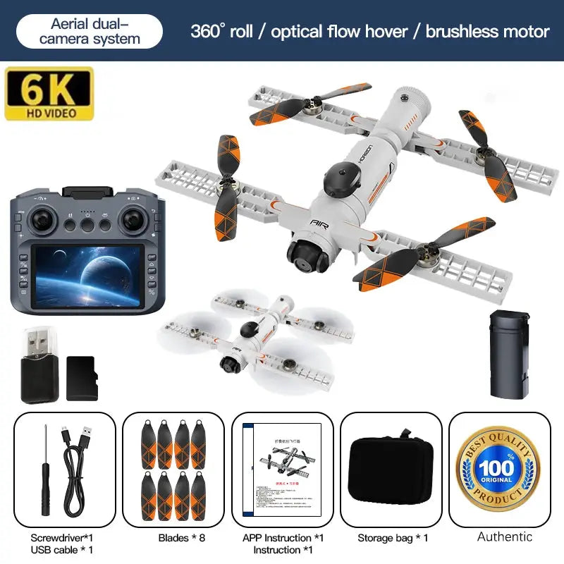 Drone Simples Market 6K camera infrared obstacle-avoidance brushless motor, 360° roll; remote and 8 propellers included.