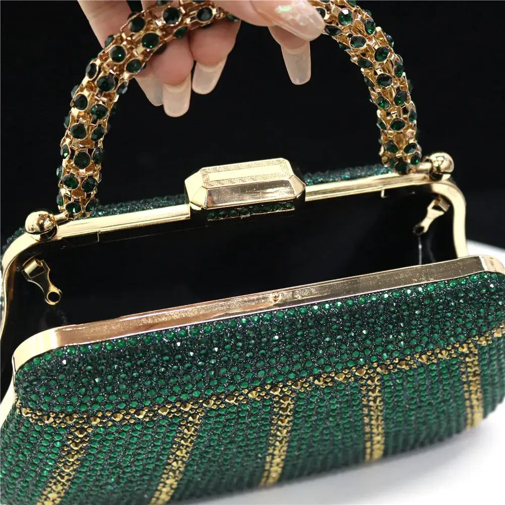 Green rhinestone evening clutch with gold-tone frame and jeweled handle by Simples Market