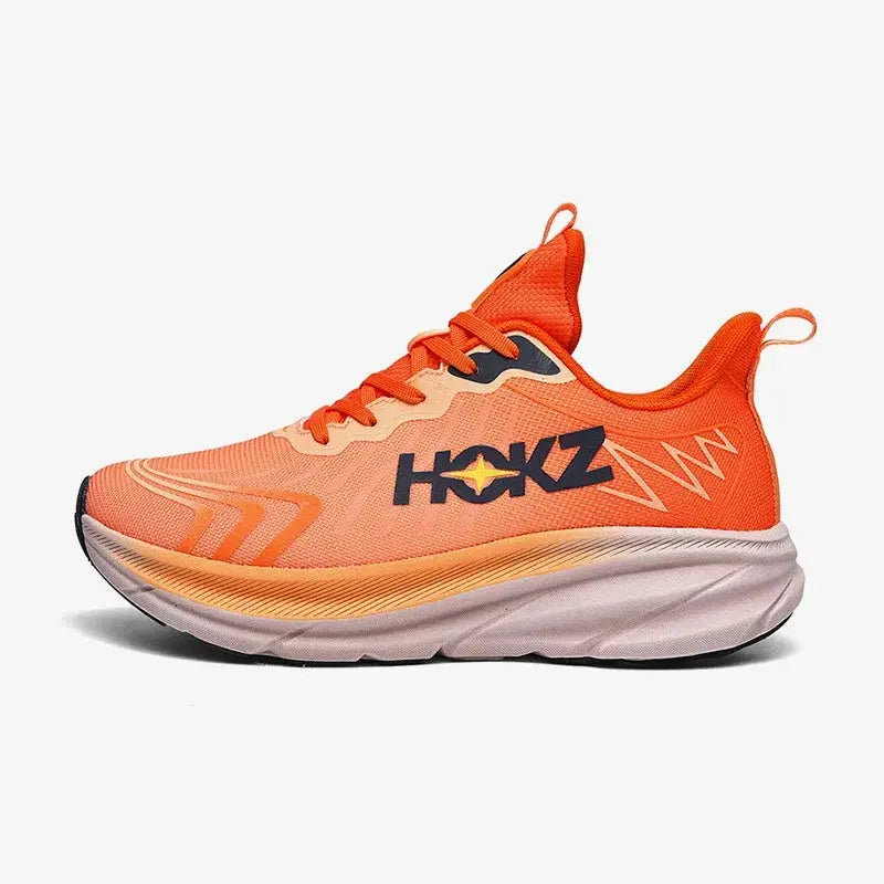 Men's orange running shoes with breathable mesh and cushioned midsole, HOKZ logo
