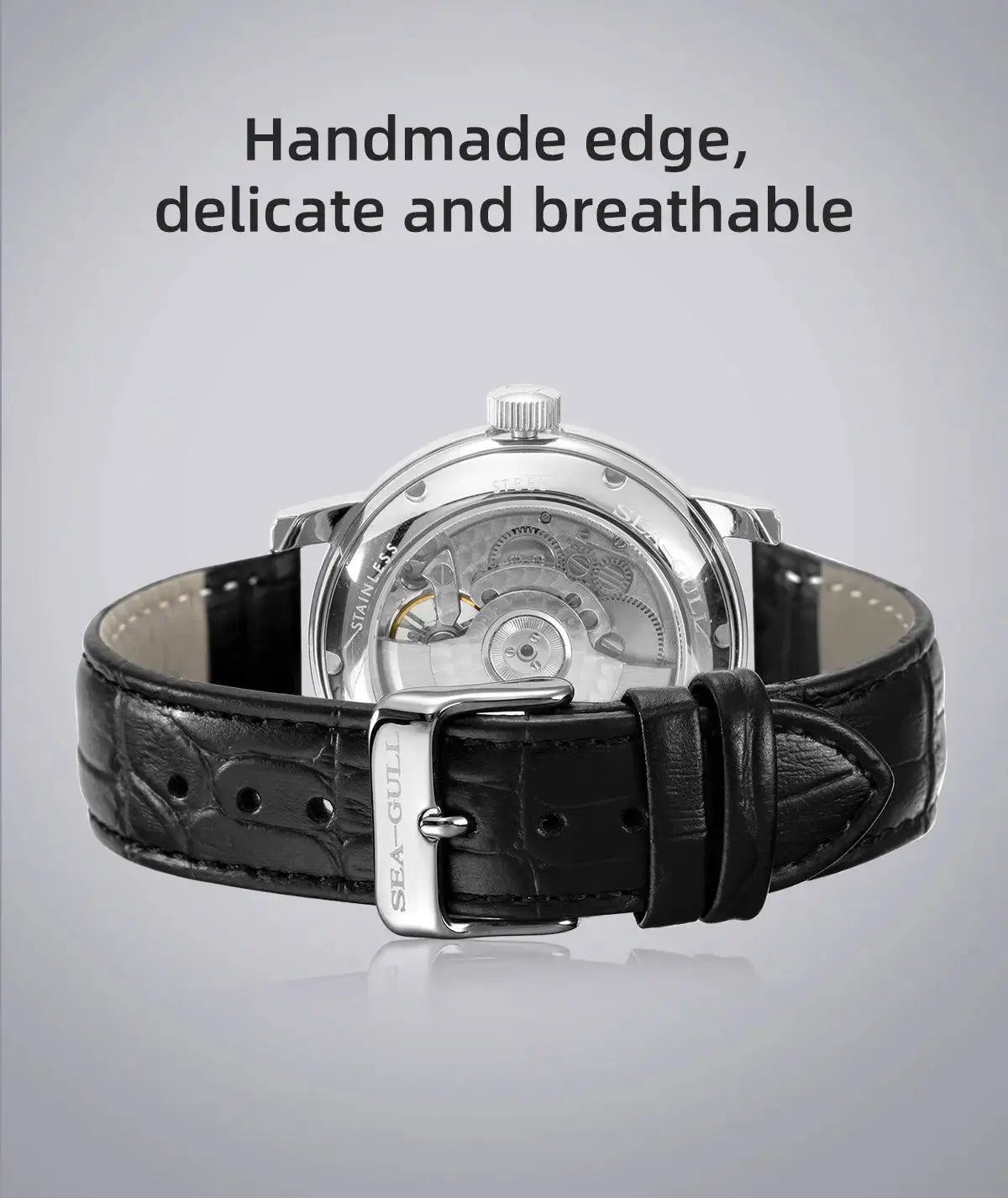Seagull ST25 mechanical wristwatch, stainless steel case, black leather strap, transparent caseback.