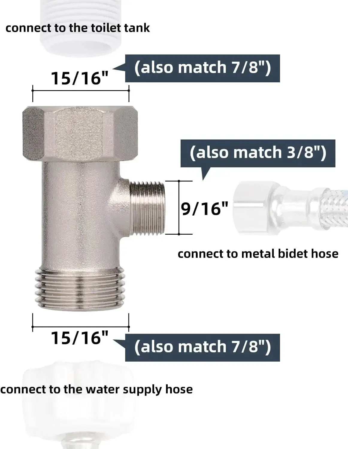 Simples Market brass T-valve adapter with 3/8 in, 1/2 in and 9/16 in fittings for toilet bidet hose connections