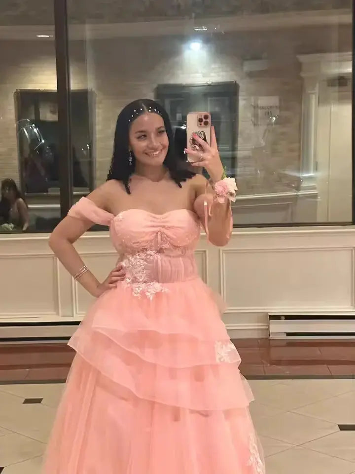 Roses Sage Green Prom Dress Appliques Tulle Tiered Pleats Sweetheart