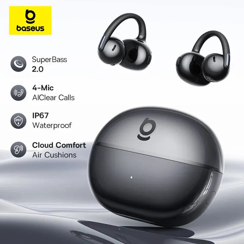 Baseus Bowie MC2 AIR clip-on TWS earbuds pair with charging case, black