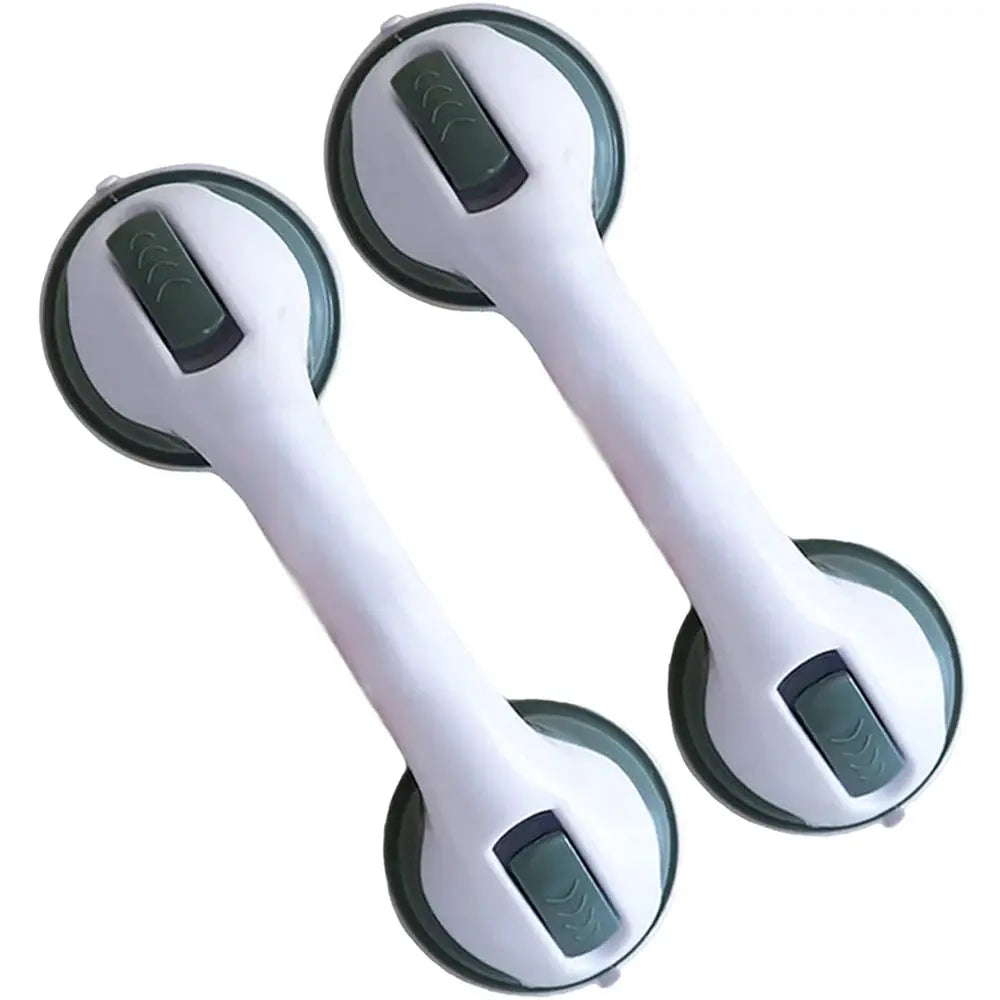 Shower handle grab bars, Simples Market two-pack with dual locking suction cups, white handles and green bases.
