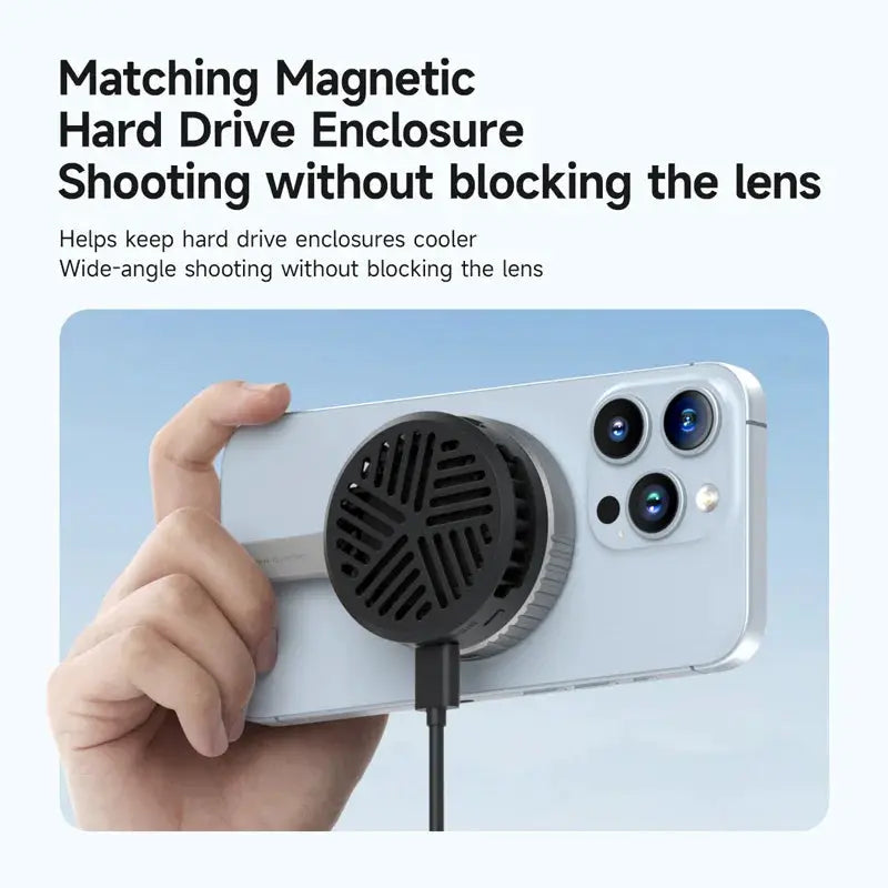 Hagibis magnetic phone cooler by Simples Market, portable cooling fan attached to iPhone 17 Pro back