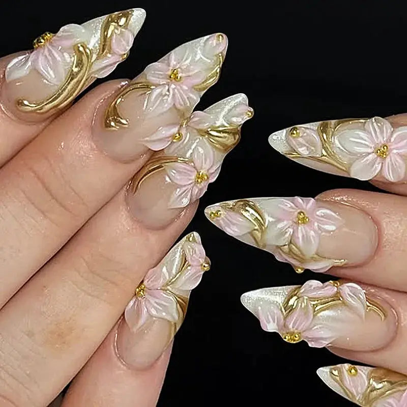 GlamNail Pink Almond Press On Nails Full Coverage Carved Flower 3D Ripple French Tips Golden Pearl Finish