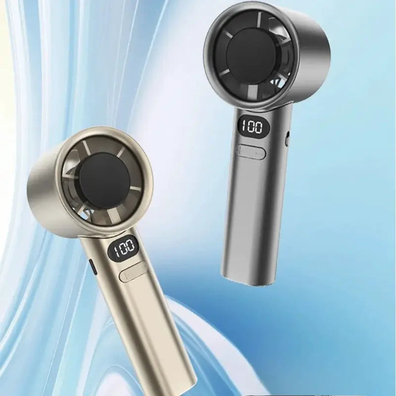 Handheld mini fan by Simples Market, USB rechargeable, silver and gold tones (2 units)