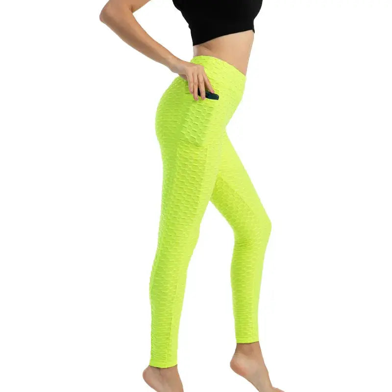 Simples Market women's neon yellow pocket bubble leggings, high-waist stretchy fitness pants.