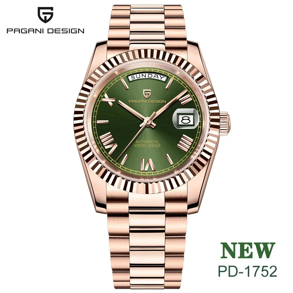 Pagani Design watch, rose-gold tone stainless steel, green dial with day/date display and automatic movement