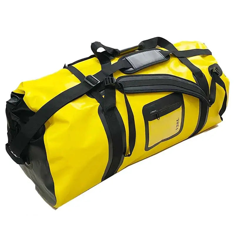 Waterproof motorcycle tail bag duffle, 40–120L, bright yellow with black straps and front pocket