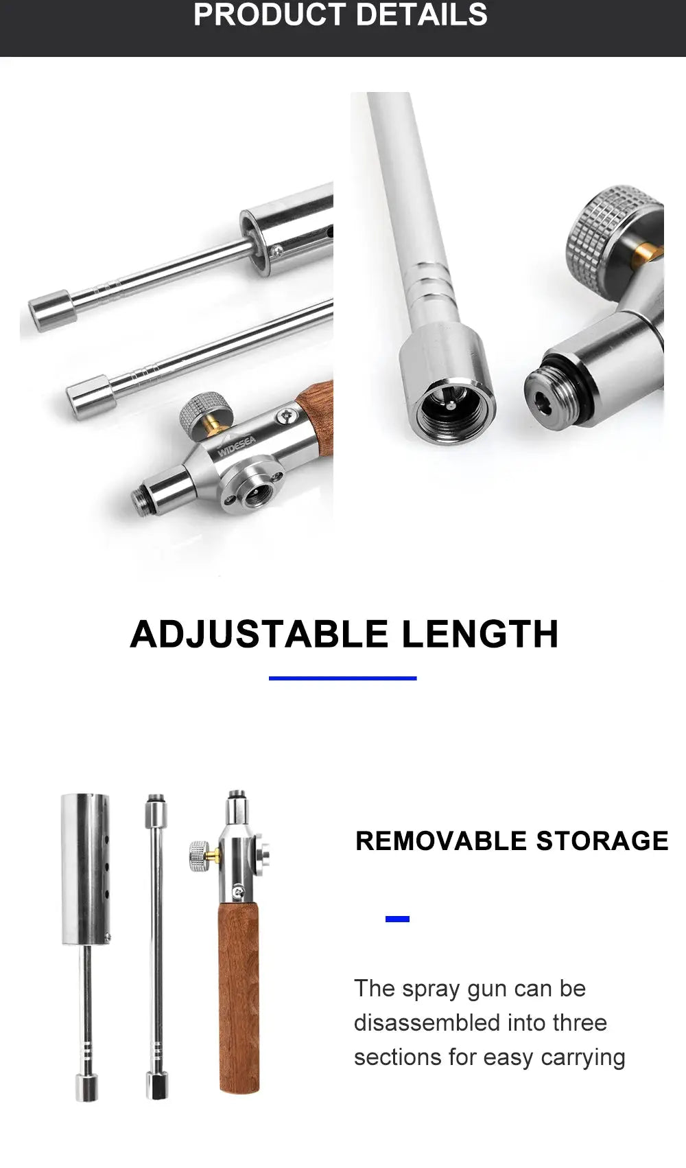 Widesea long-handle flamethrower camping torch, detachable stainless steel, adjustable length, removable storage