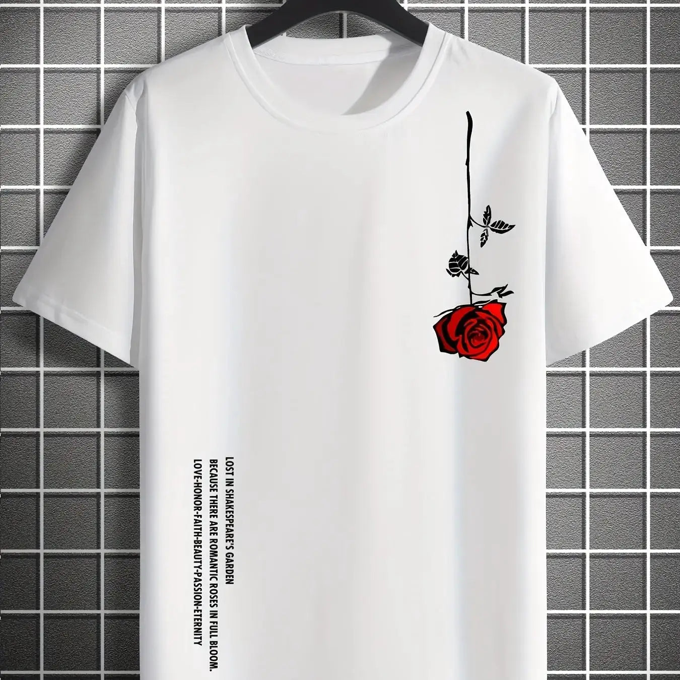 Men's 100 Percent Cotton Rose Print T Shirt Summer Casual Slim Fit Round Neck Short Sleeve Top