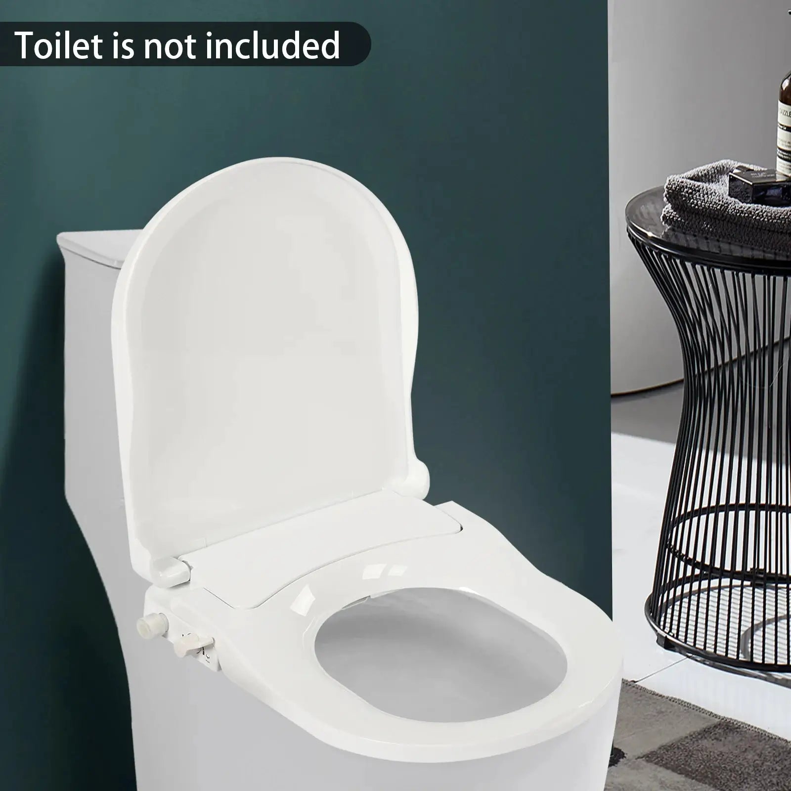 Non-Electric bidet toilet seat on white elongated toilet with lid up