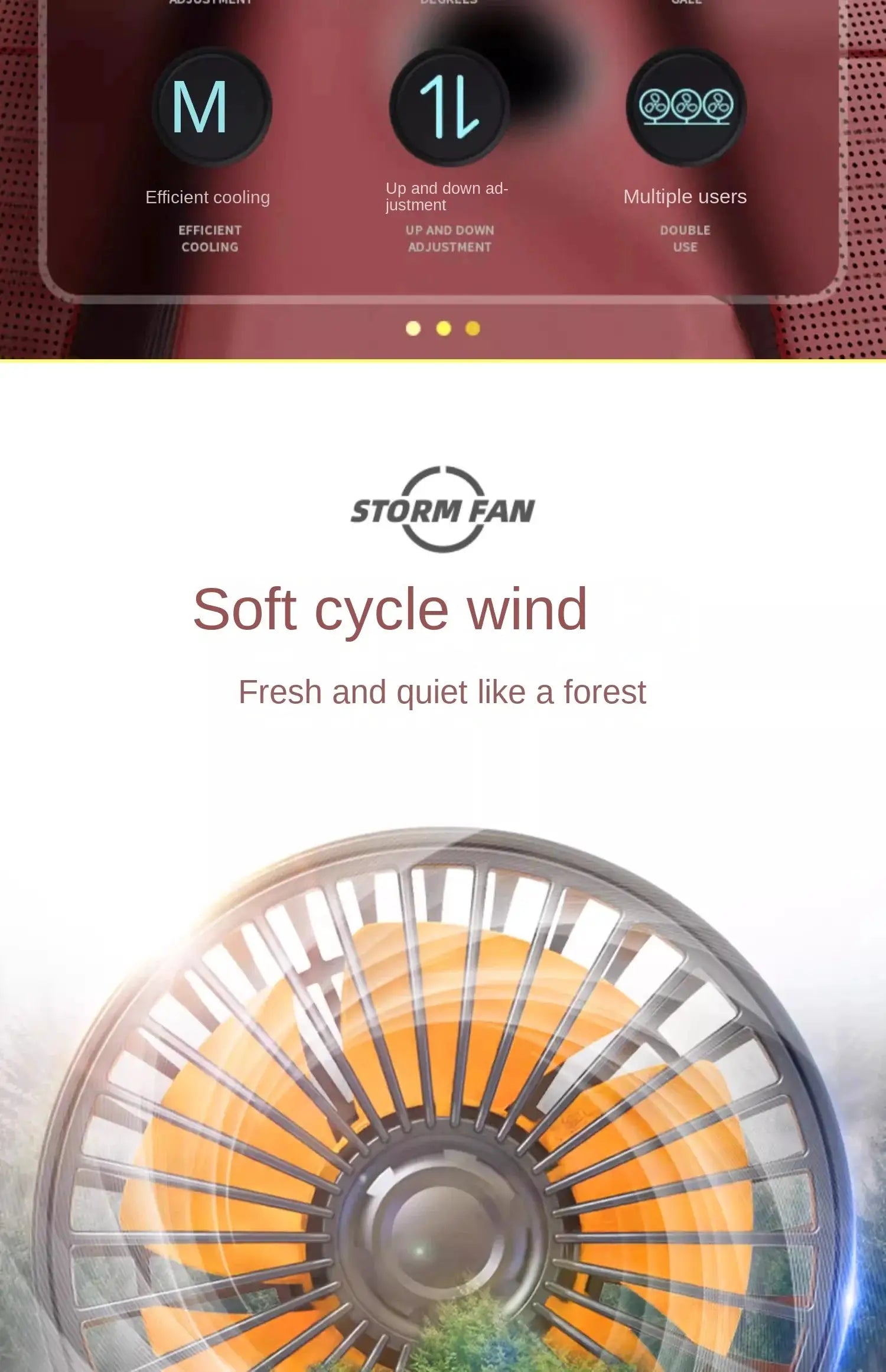 Car fan 360° adjustable 3-head by Simples Market with orange blades and metal grille, USB/12V/24V automotive cooling