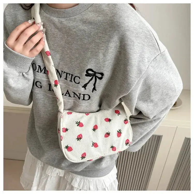 Corduroy strawberry-print mini shoulder bag for women; white with red berries