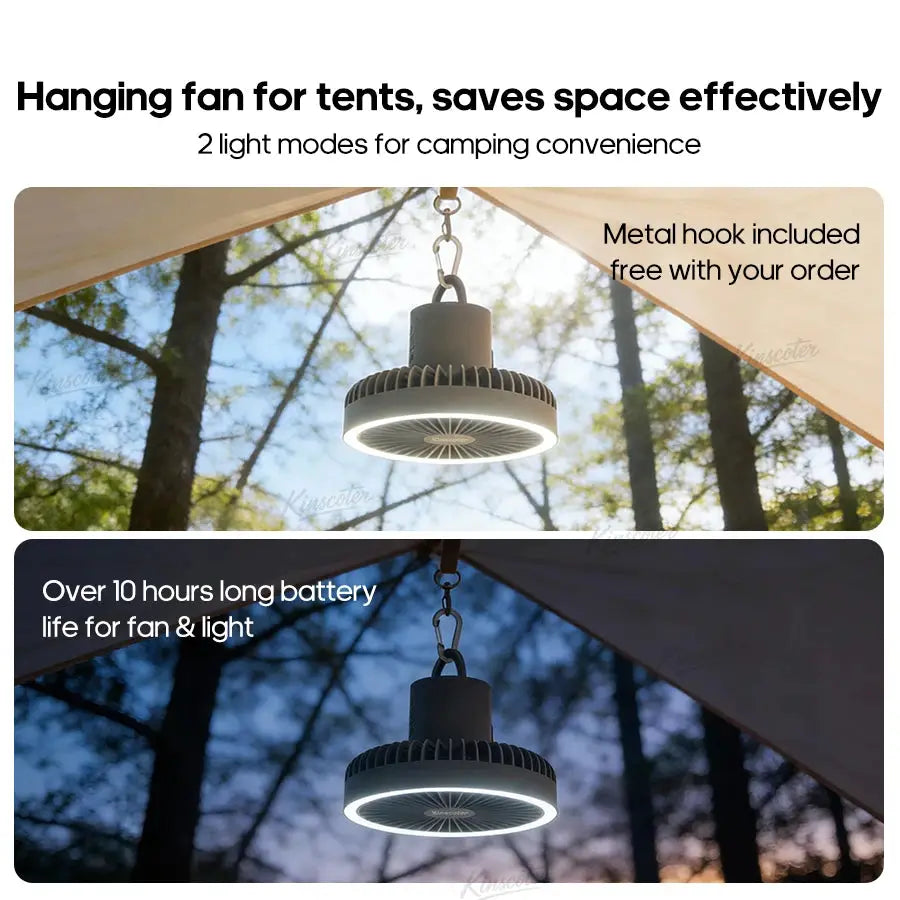 Camping fan by Simples Market with LED light, 10000mAh power bank, cordless hanging tent fan