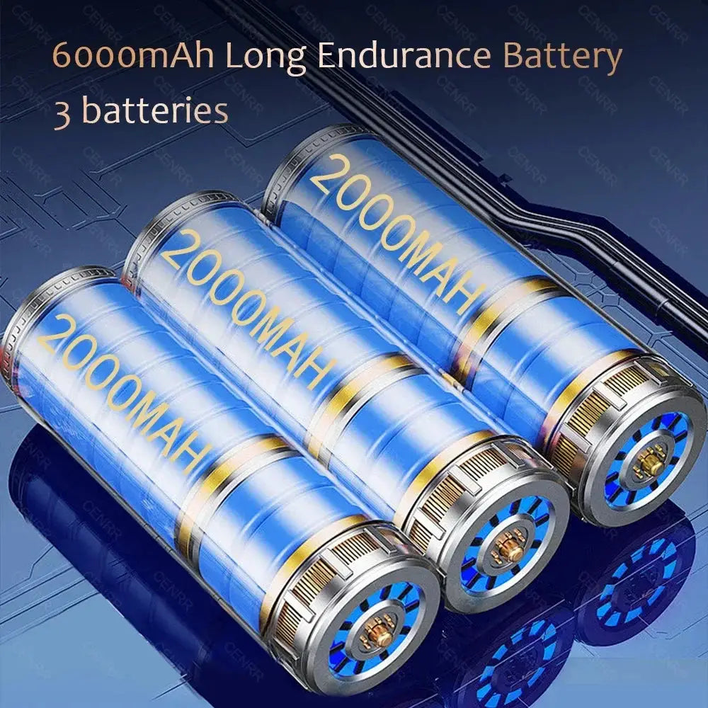 Three blue cylindrical 2000mAh batteries with silver ends