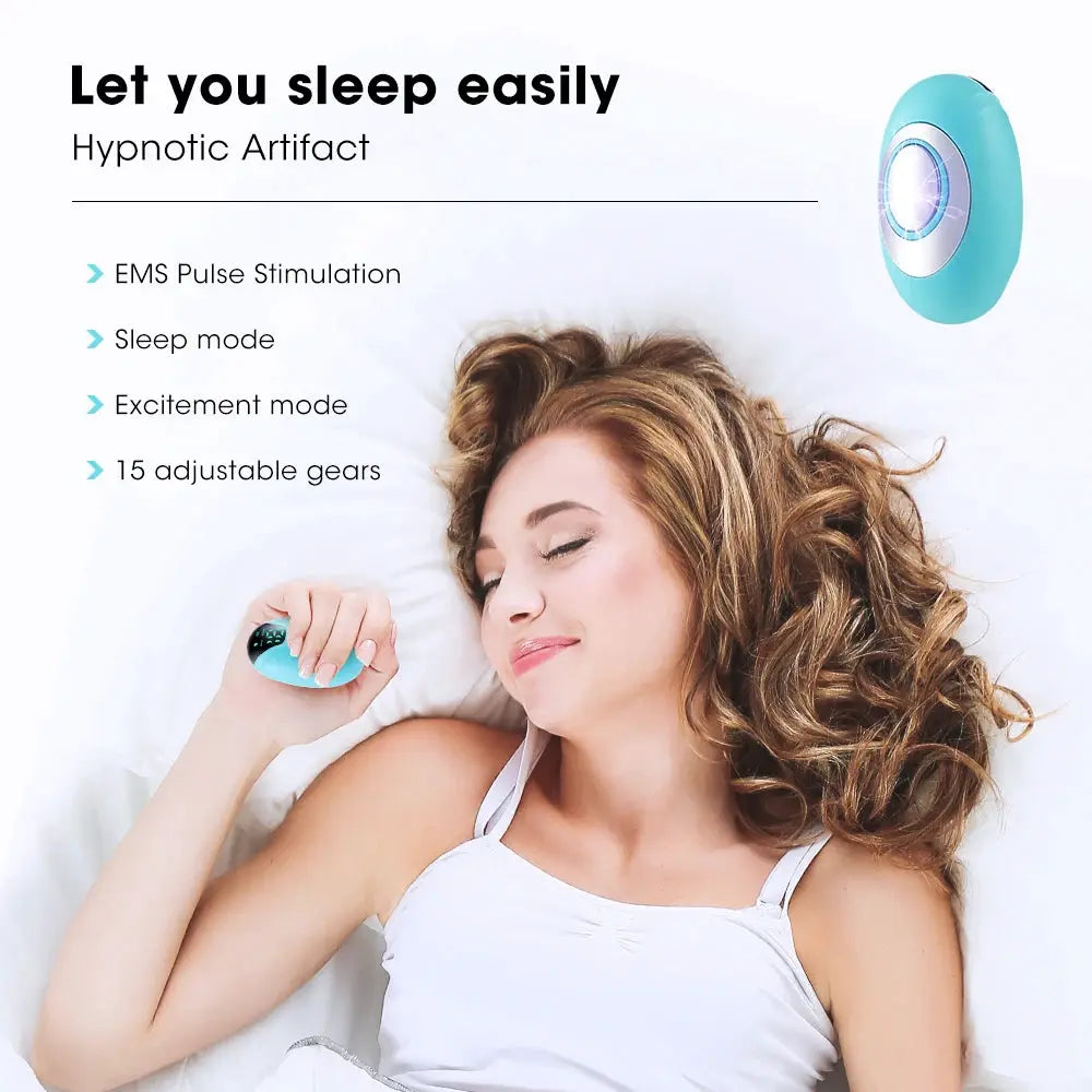 Two turquoise sleep-aid handheld devices, one held by a sleeping woman