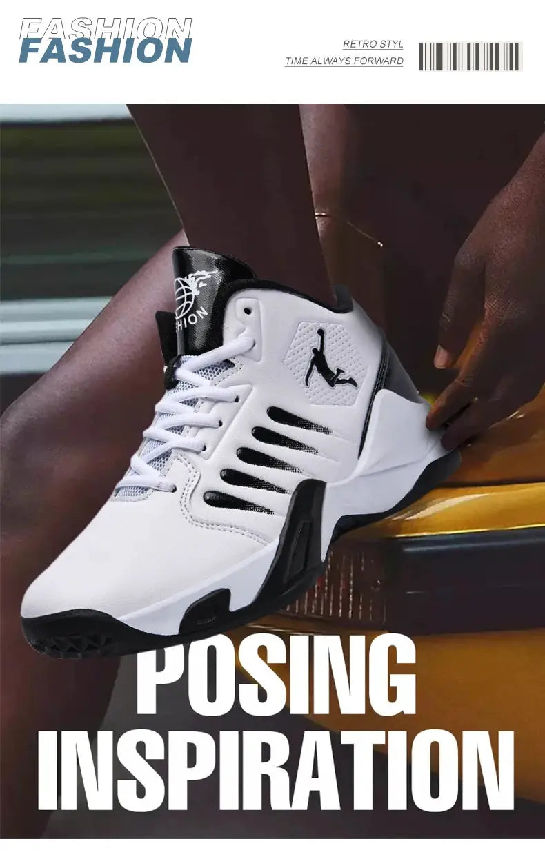 Men's white casual sneakers with black accents and side logo.