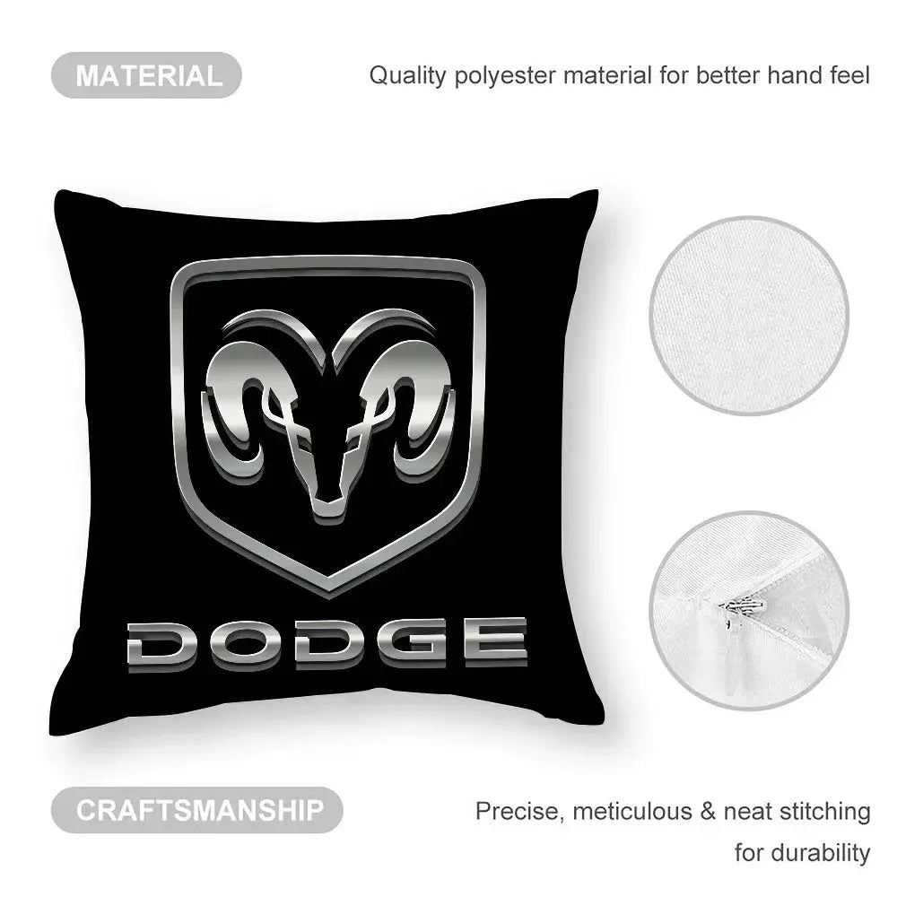 D-Dodges car logo pillow cover by Simples Market in black plush with silver Dodge Ram emblem; double-sided print.
