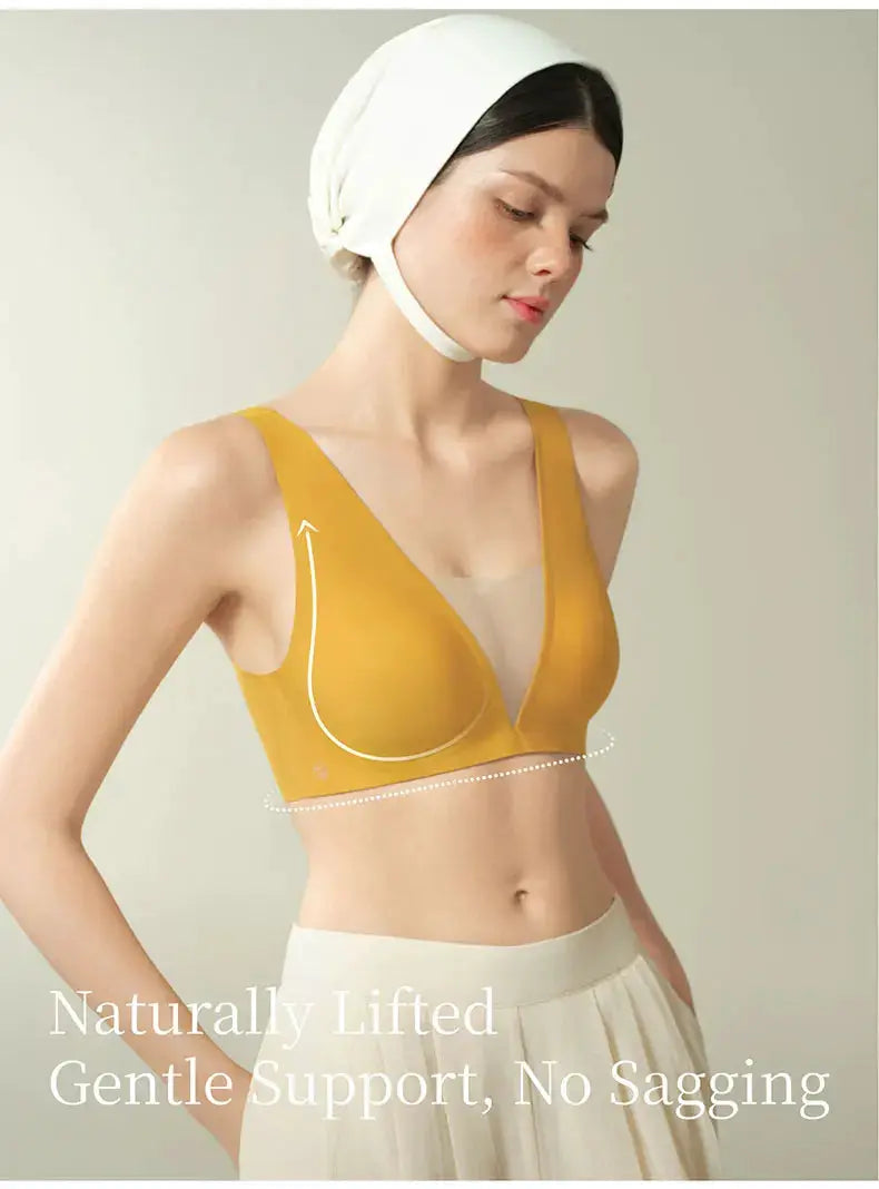 SUJIIN seamless plunge wireless bra in mustard yellow with deep-V silhouette on model