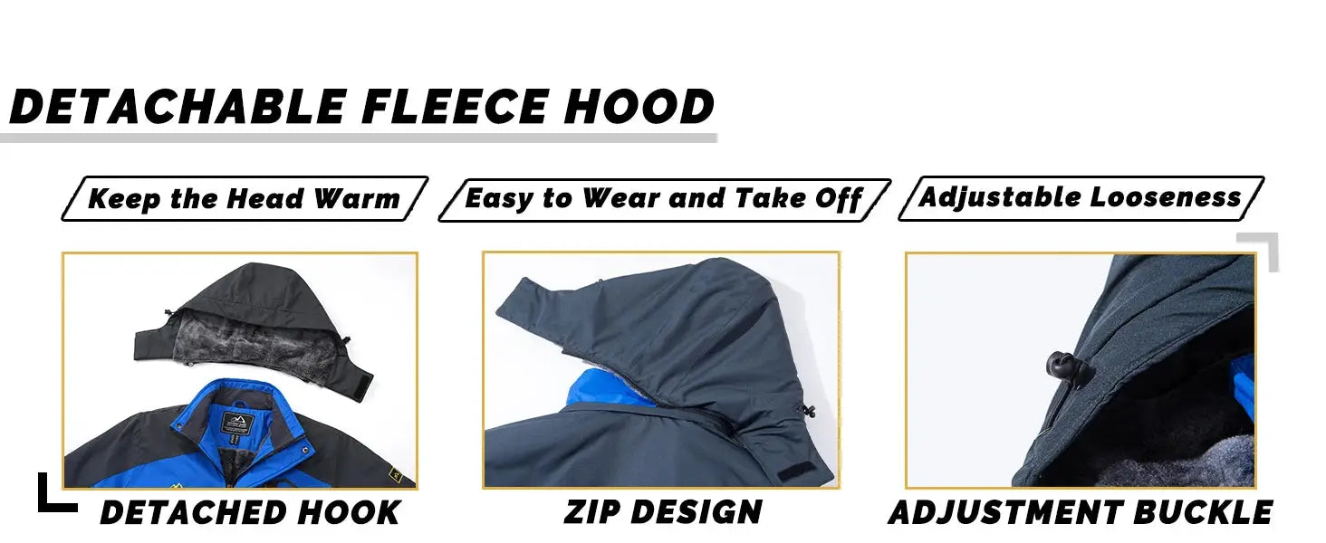 KEFITEVD men's blue/black winter ski jacket by Simples Market with detachable fleece hood, waterproof warmth