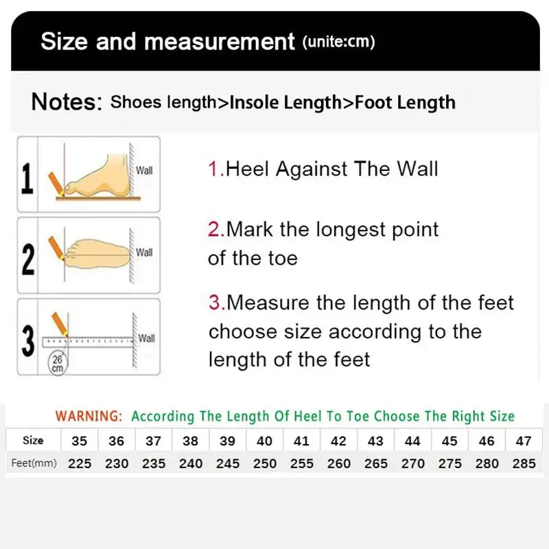 Men's canvas shoes size and measurement guide in cm with heel-to-wall steps and size chart.