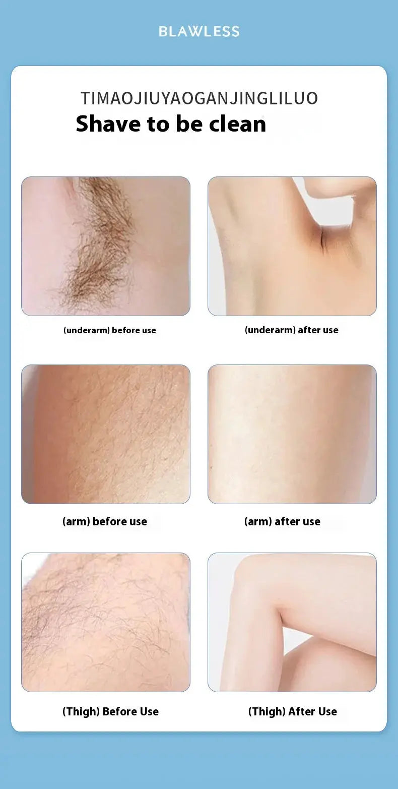 Electric hair trimmer for women, waterproof; six-panel underarm/arm/thigh before/after comparison