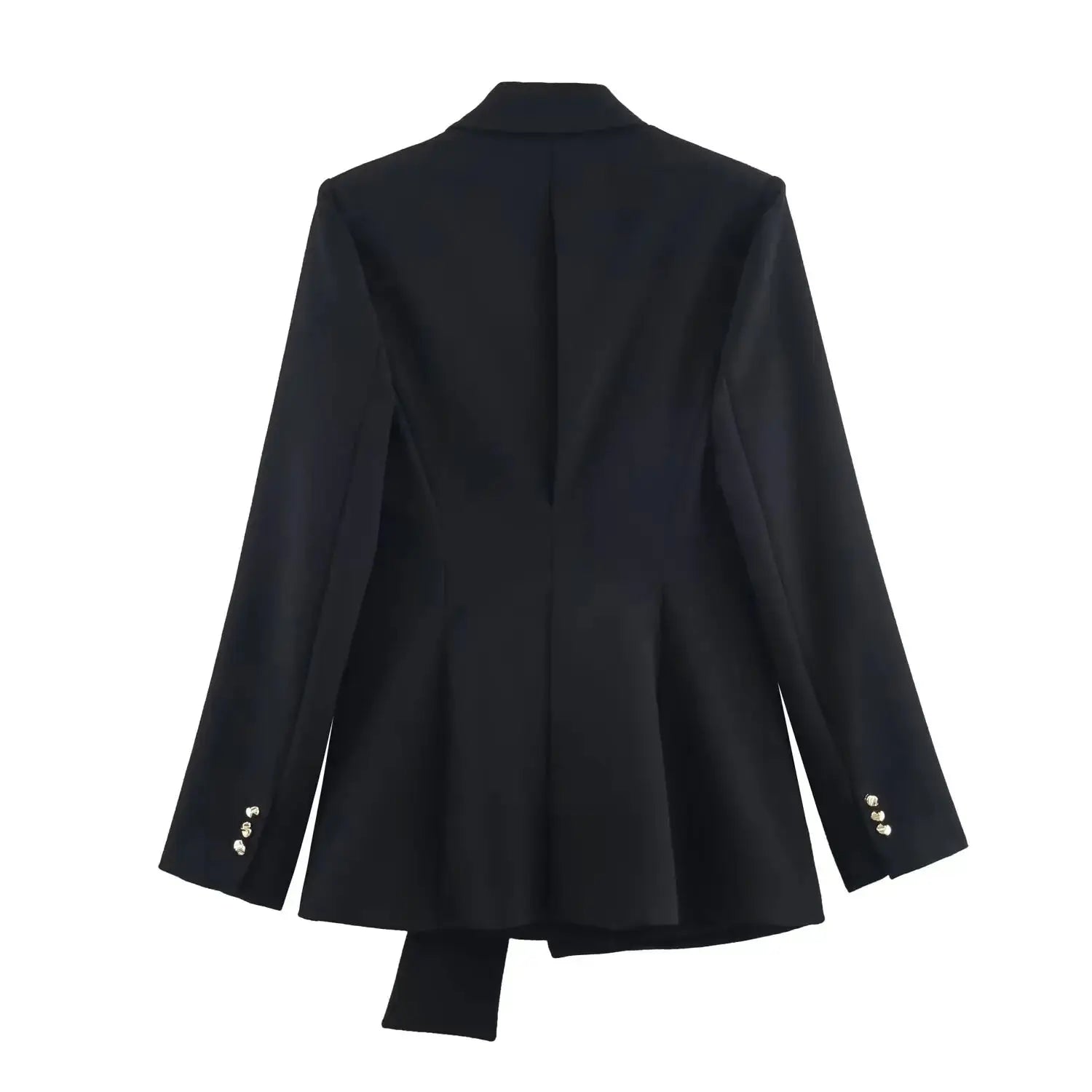 Black women's two-piece suit set with a long-sleeve blazer and straight-leg pants; gold cuff buttons on blazer.