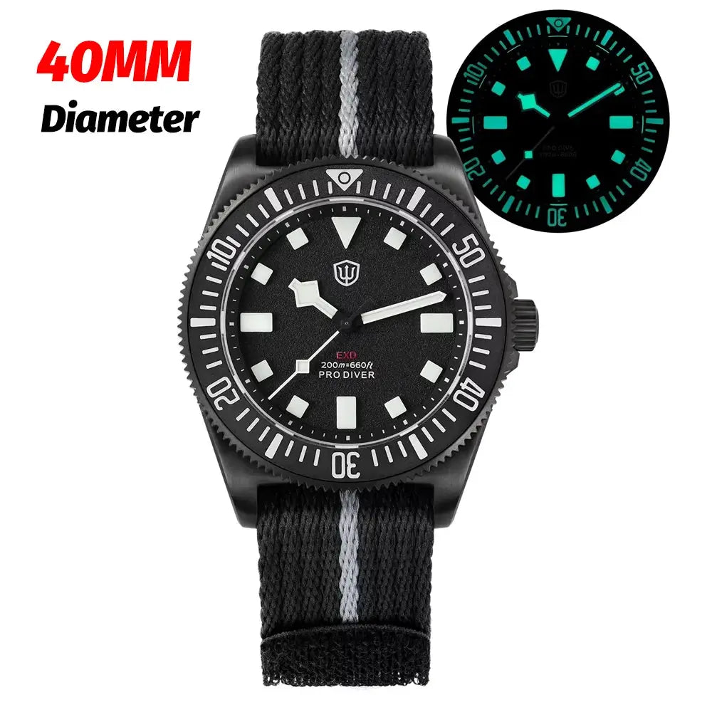 Watchdives EXD 40mm black dive watch with rotating bezel, bold white markers, and black nylon strap with gray stripe
