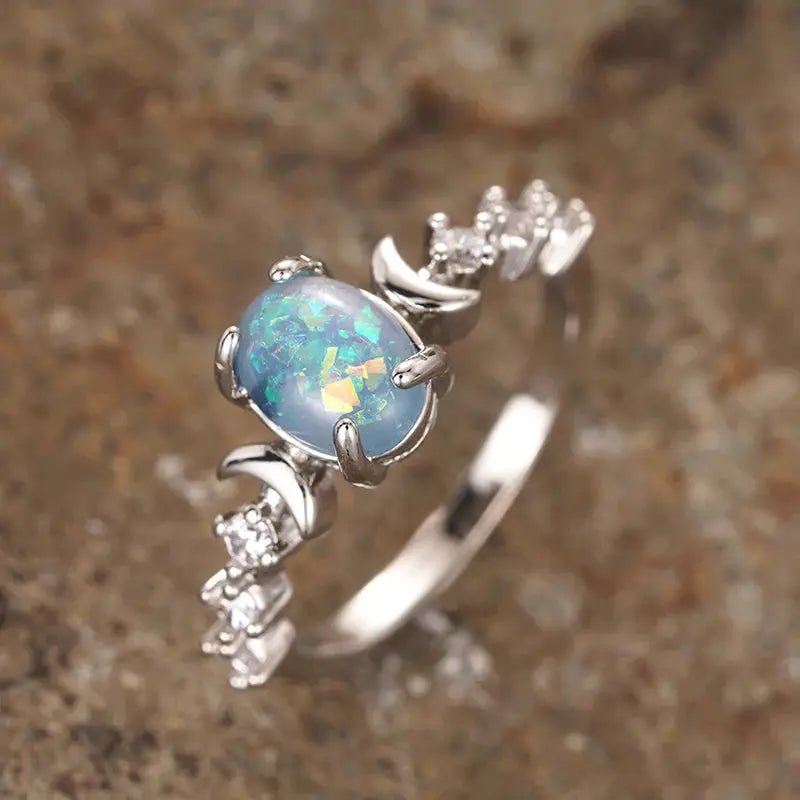Huitan Blue White Imitation Opal Moon Rings For Women Brass Cubic Zirconia Jewelry Wedding Accessories Anniversary Gift - Simples Market