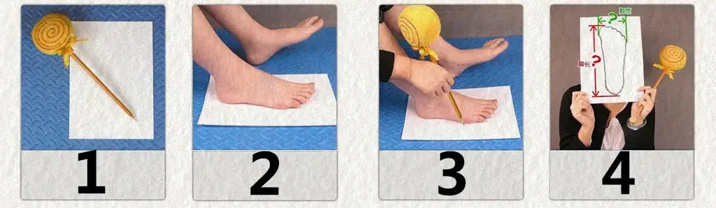 Simples Market four-panel Brand Design Sneakers collage; foot measurement on blue mat with white paper