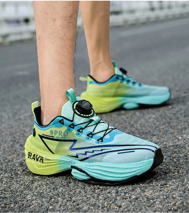 Pair of men's running shoes in blue-green gradient with cushioned midsole and dial-lace system