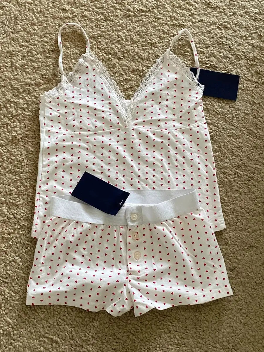Strawberry Print Vest And Shorts Set For Women Eyelet Bow Tank Top