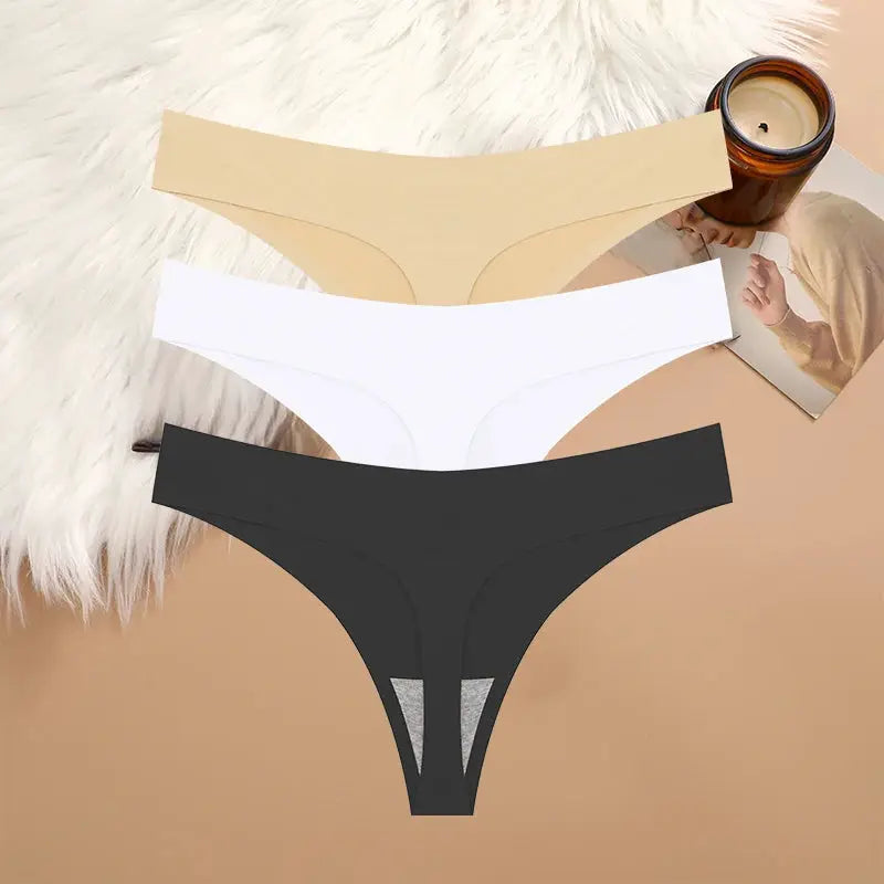 3-piece thong underwear set in beige, white and black; breathable seamless low-rise T-back panties.