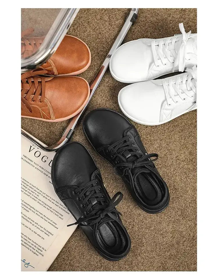 Simples Market wide-version barefoot shoes; three color options black, white, and tan with lightweight flat soles.