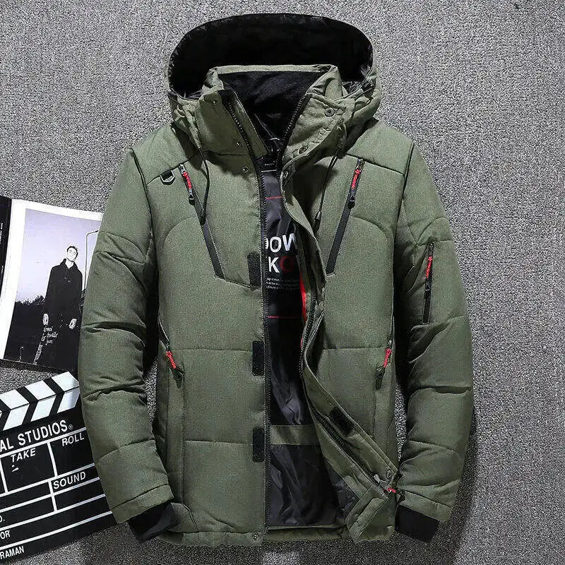 Men's olive green hooded down jacket, thick padded winter parka, size M-4XL