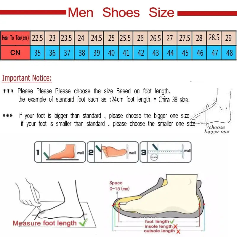 Men's suede leather loafers size guide by Simples Market with CN chart and foot-measurement diagrams